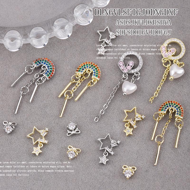 Rainbow Star Pendant Nail Art Set: Zircon Bow, Pearl Heart, and Rhinestone Accessories
