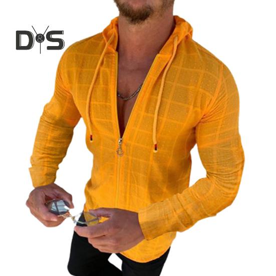 

Мужская футболка на молнии с капюшоном, клетчатый кардиган с длинным рукавом в стиле хип-хоп, повседневная футболка для улицы, отпуска, повседневная одежда M оранжевый