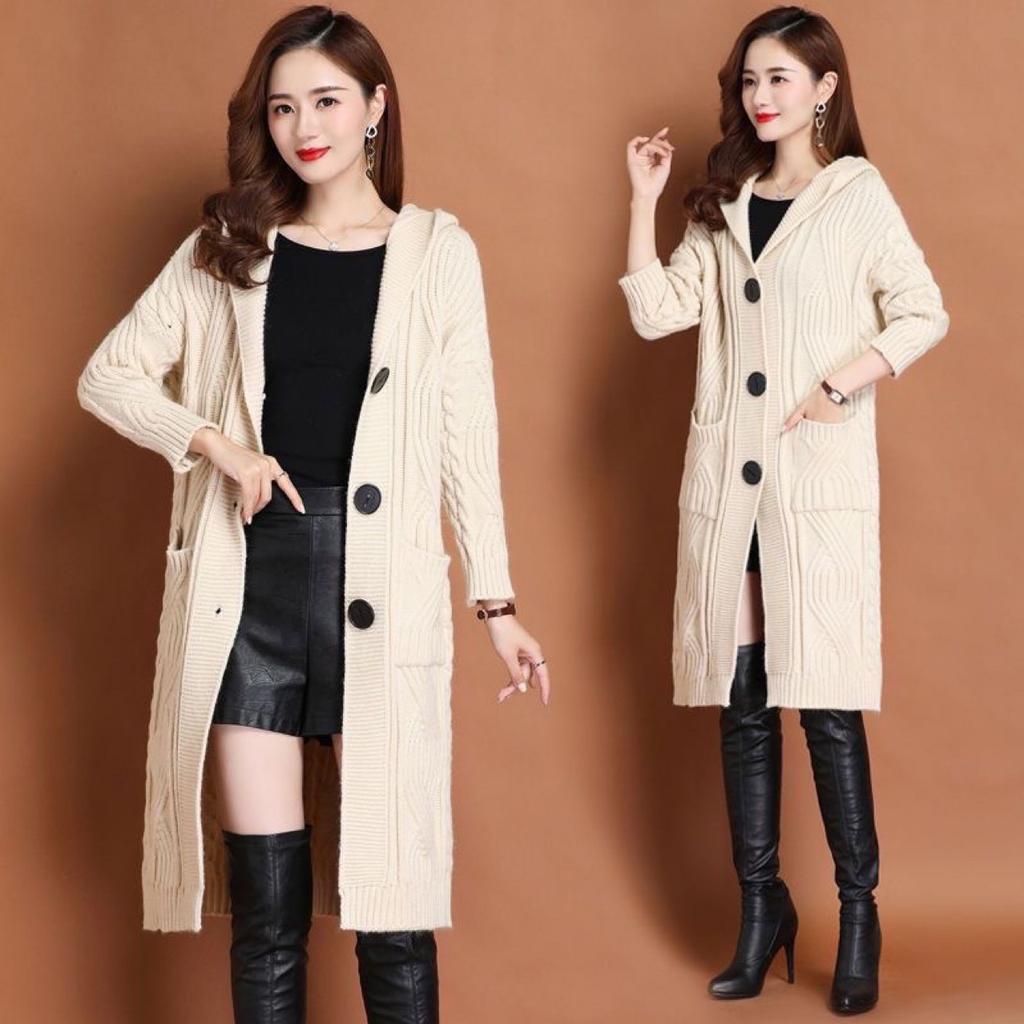 Women's 2025 Autumn Winter Mid-Long Loose Hooded Thick Knit Sweater, Oversized Casual Coat