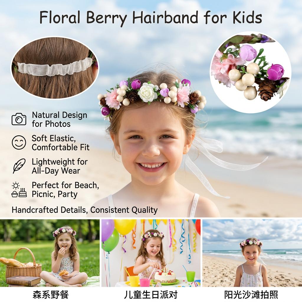 Floral Berry Wreath Hairband for Kids Lightweight Comfortable Nature Style Accessory