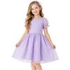 Girls Flocked Polka Dot Chiffon Dress Puff Sleeve Square Neck Cute Princess Party Dress For Kids