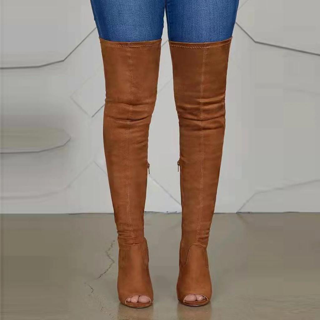 Stivali da Donna Alti Fino al Ginocchio Peep Toe alla Moda Taglie Grandi 34-46 Zip Laterale Elastici Stivali Lunghi Scarpe da Donna