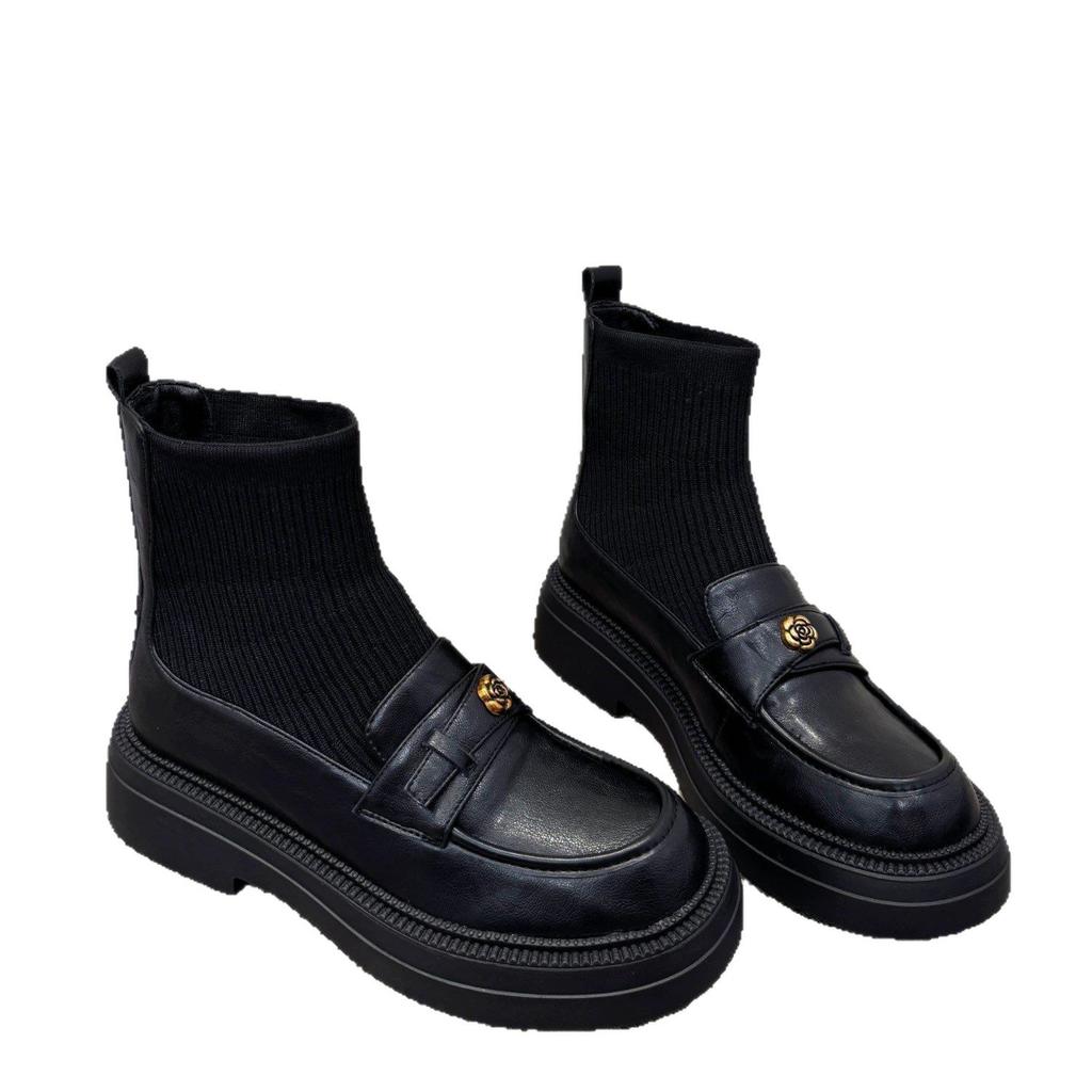 Thick-soled British short boots women's autumn and winter new camellia elastic thin boots Martin boots knitted socks boots