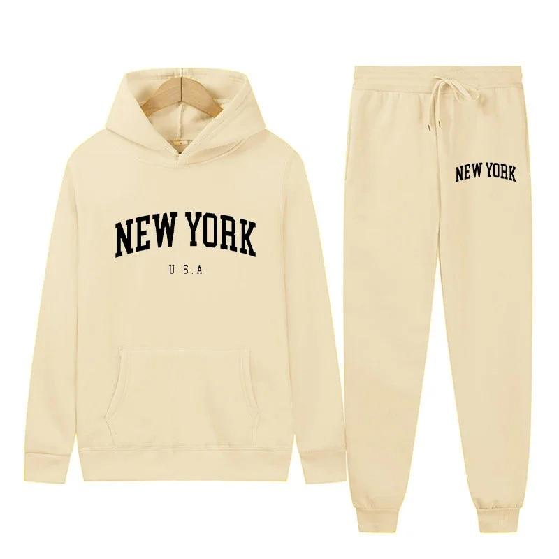 New York Letter USA City Hoodies + Hosen 2-teiliges Set Damenmode Sweatshirts Damen Casual Kapuzenpullover Sportwear-Anzug