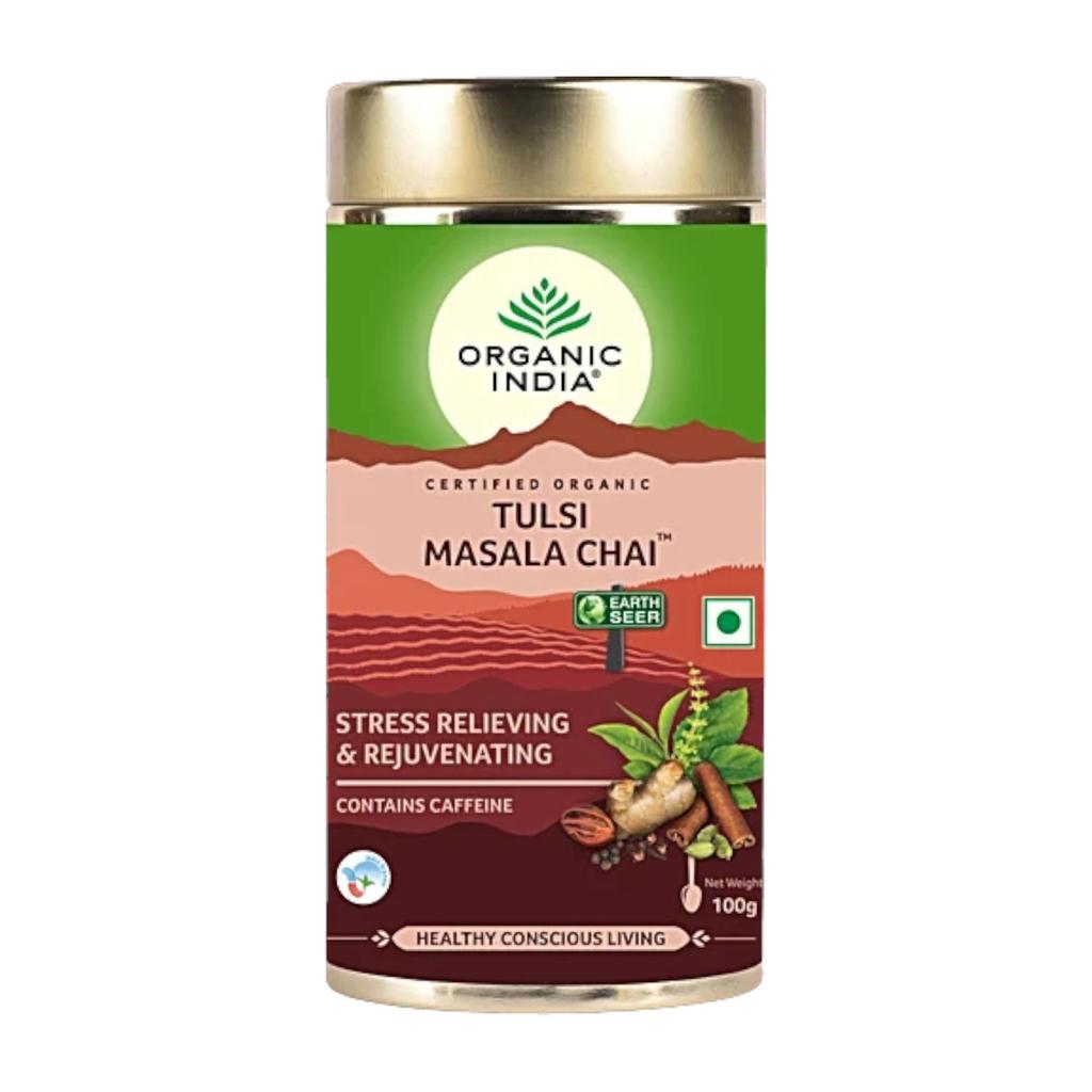 Organic India Tulsi Assam Masala Chai Powder by TATA 100 Gm Tin, Sweet Spicy Herbal Tea Blend for Daily Enjoyment