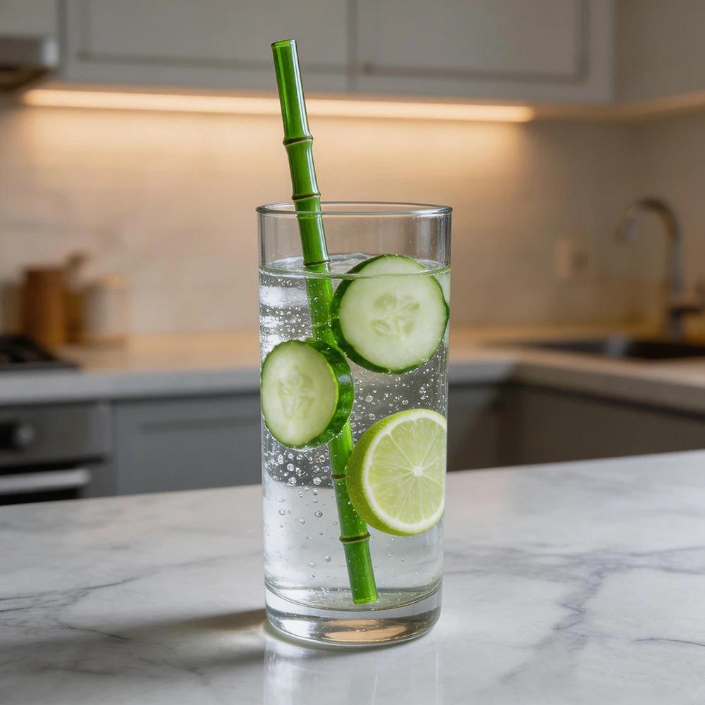 12pcs Reusable Glass Straw with Brush Bag Bamboo-shaped Straws Set Suitable for Milkshakes Juices Coffee Bar Accessories