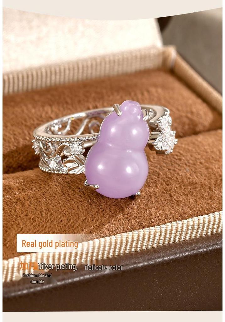 Elegant Jade Purple Gourd Fu Lu Ring: Adjustable Women's Ring with Diamond Accents In New Chinese Style