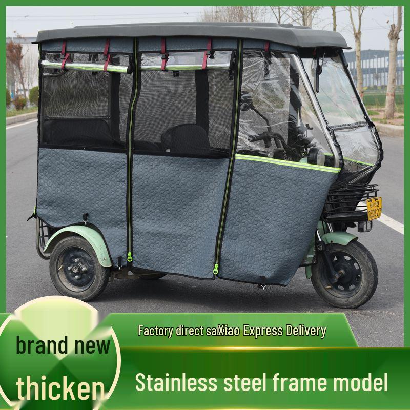 Electric Tricycle Rain Cover: Folding Stainless Steel Mini Bus Shelter with Transparent Glass.