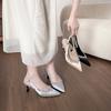 Premium Sense Satin Pointed Head Bag Head High Heels Women's Thin Heels French Temperament Rhinestone Fairy Sandals Women's Empty Shoes