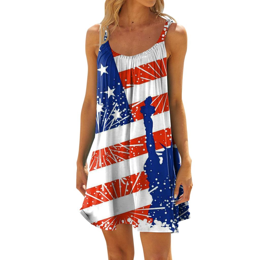 Women's Fashion Summer Beach Casual Print Sleeveless Cute Mini Sling Dress