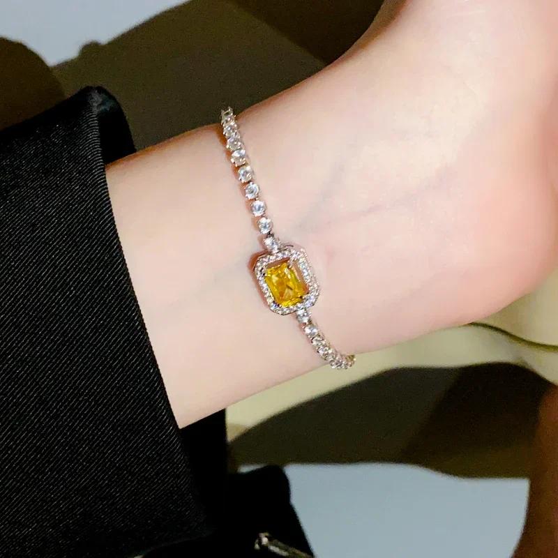 Shiny Square Zircon Bracelet for Women Girls Delicate Rhinestone Chain Bracelets Bangles Party Wedding Bride Jewelry