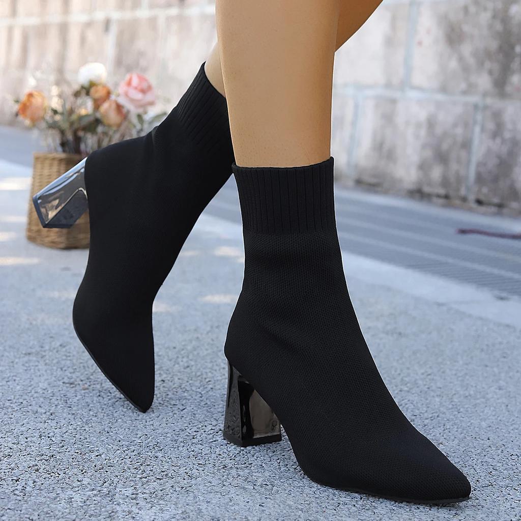 Women's Pointed Toe High Heels Sock Boots  Autumn Brown Breathable Knitted Boots Woman Sexy Thick Heeled Dress Party Shoes