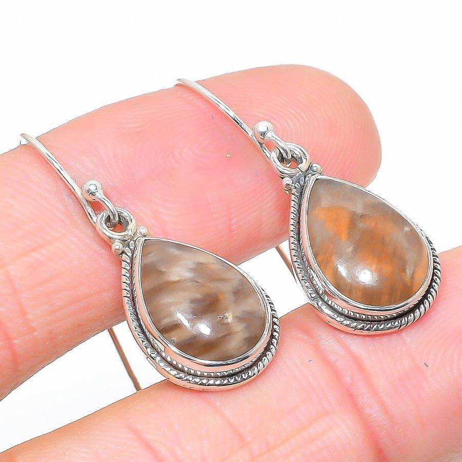 Natural Fossil Coral Gemstone 925 Solid Sterling Silver Gift Earring 1.25" F5n94