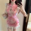 Vestido Cheongsam Estilo Y2K para Mujer Rosa Tie-Dye Adorno de Volantes Corte Ajustado Minivestido