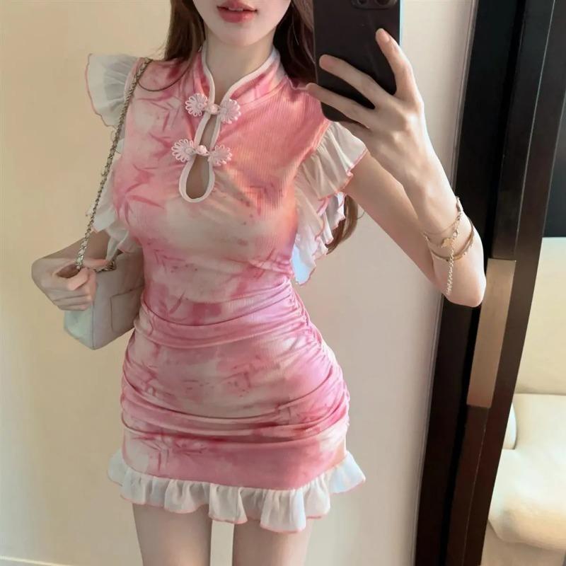 

Женское платье-ципао в стиле Y2K, розовое, с tie-dye, с оборками, облегающее, мини M розовый