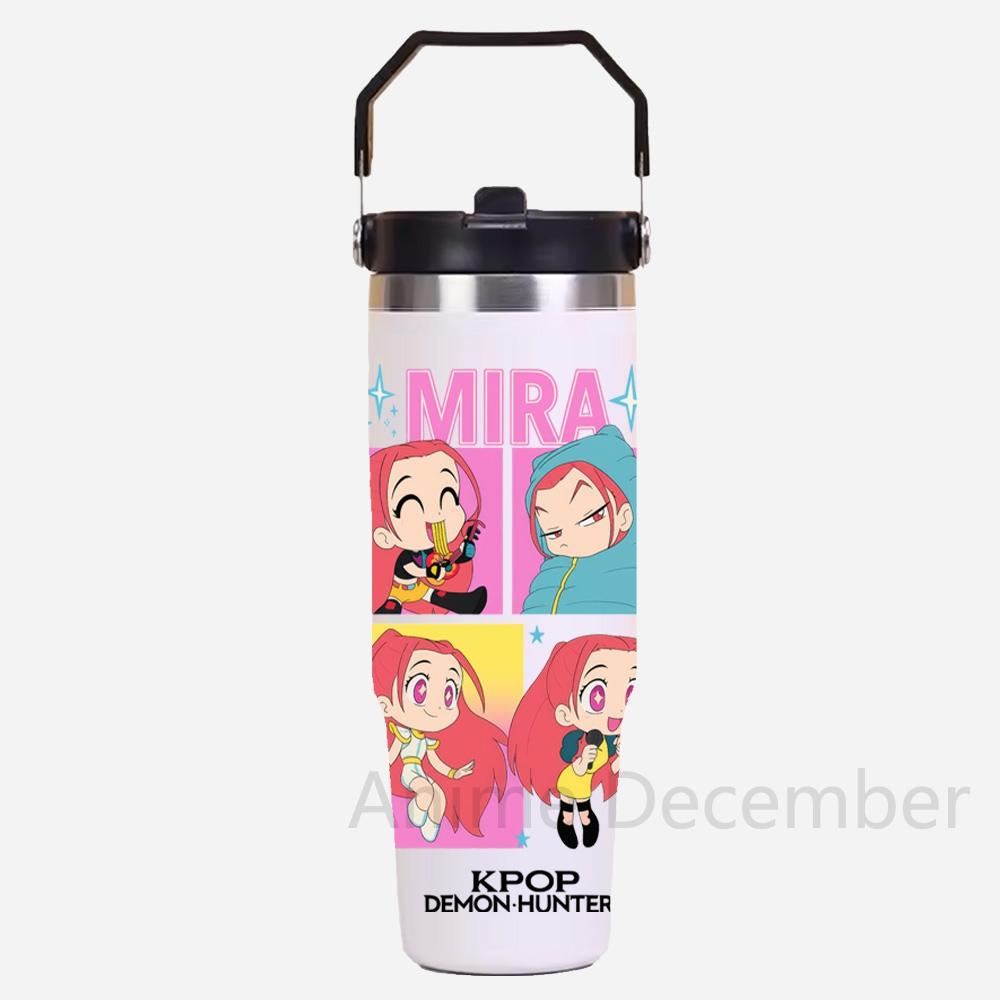 30Oz Anime K-Pop Large Capacity Portable Car Cup Stainless Steel Thermos Cup with Straw Handle Travel Sports Water Bottle Vacuum Flask