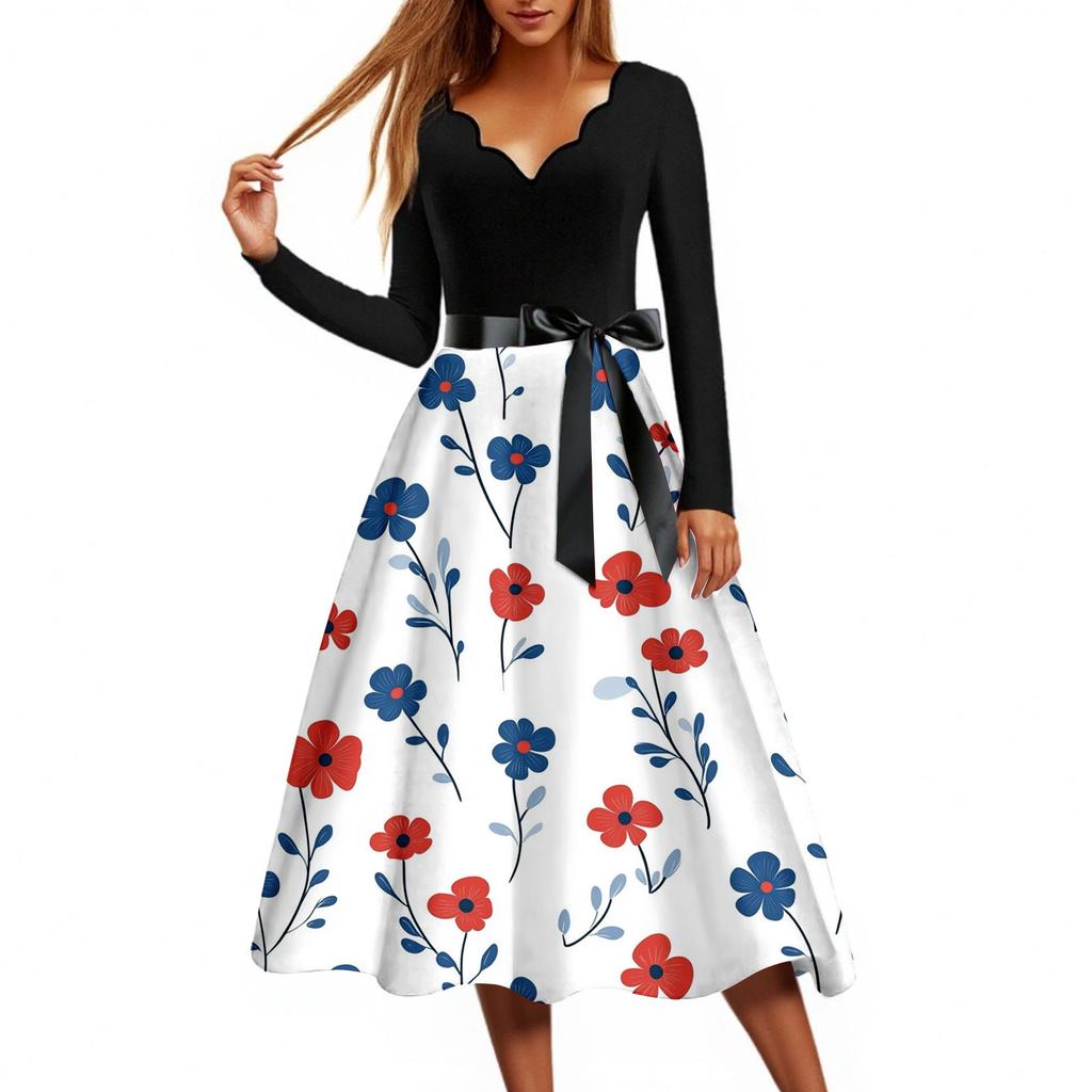 Women's Casual Fashion Floral Print Wave V Neck Vintage Dress