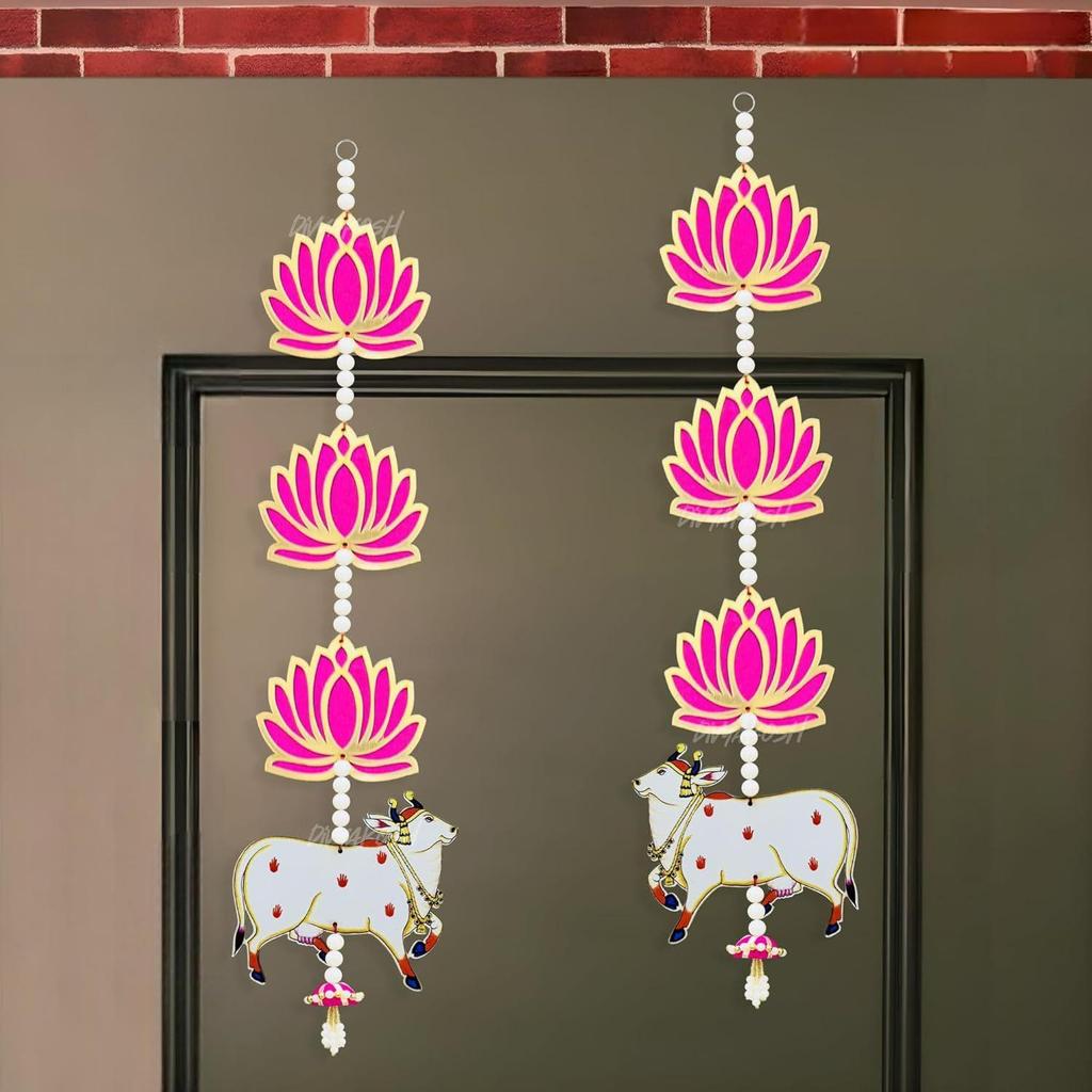 Engineered Wood Handmade Lotus with Cow & Jhumki Ganpati Diwali Home Decoration MDF Floral Wall Hangings Temple |1 Pair | 25 Inch Each