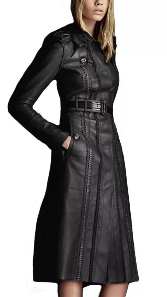 Damen Leder Trenchcoat Echtes Lammfell Stilvoller Langer Übermantel Formelles Design