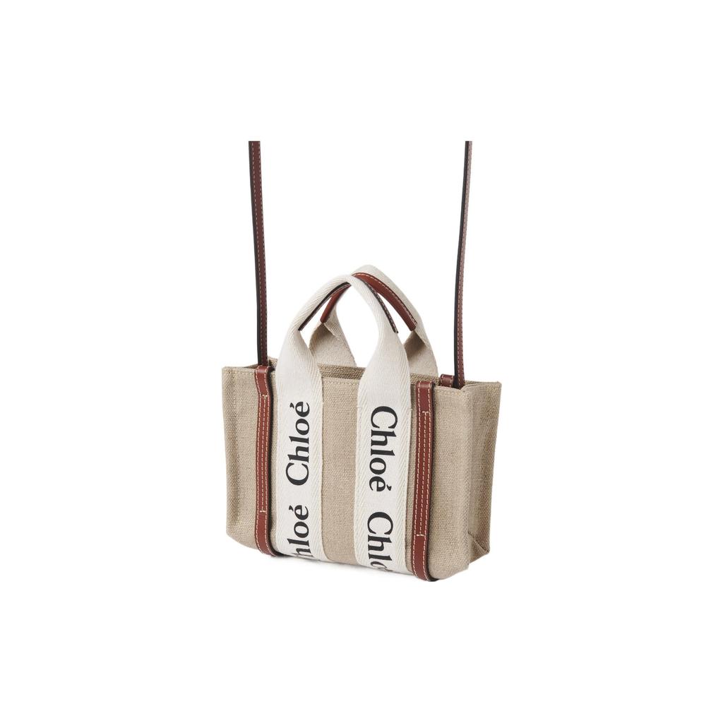 Chloe Holziges Logo-Print Leinen-Canvas und Kalbsleder Tragetasche Damen Tragetaschen Beige Braun CHC22AP237I2690U