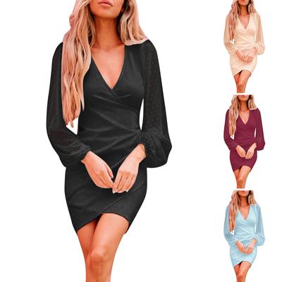Robe croisée irrégulière pour femmes, manches longues, col en v, Patchwork, Slim