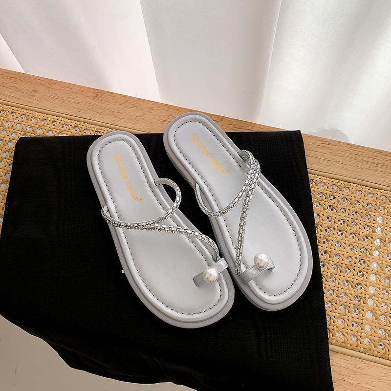 [Cowhide Version of the Same Style] Pearl Puffs~ Rhinestone Set Toe Casual Exquisite Flat Bottom Sandals Women's Slippers Outer Wear Summer