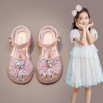 Girls Sandals Children's Princess Shoes New Summer Little Girls Soft Bottom Crystal Bow Knot Toe Eight Claw Shoes