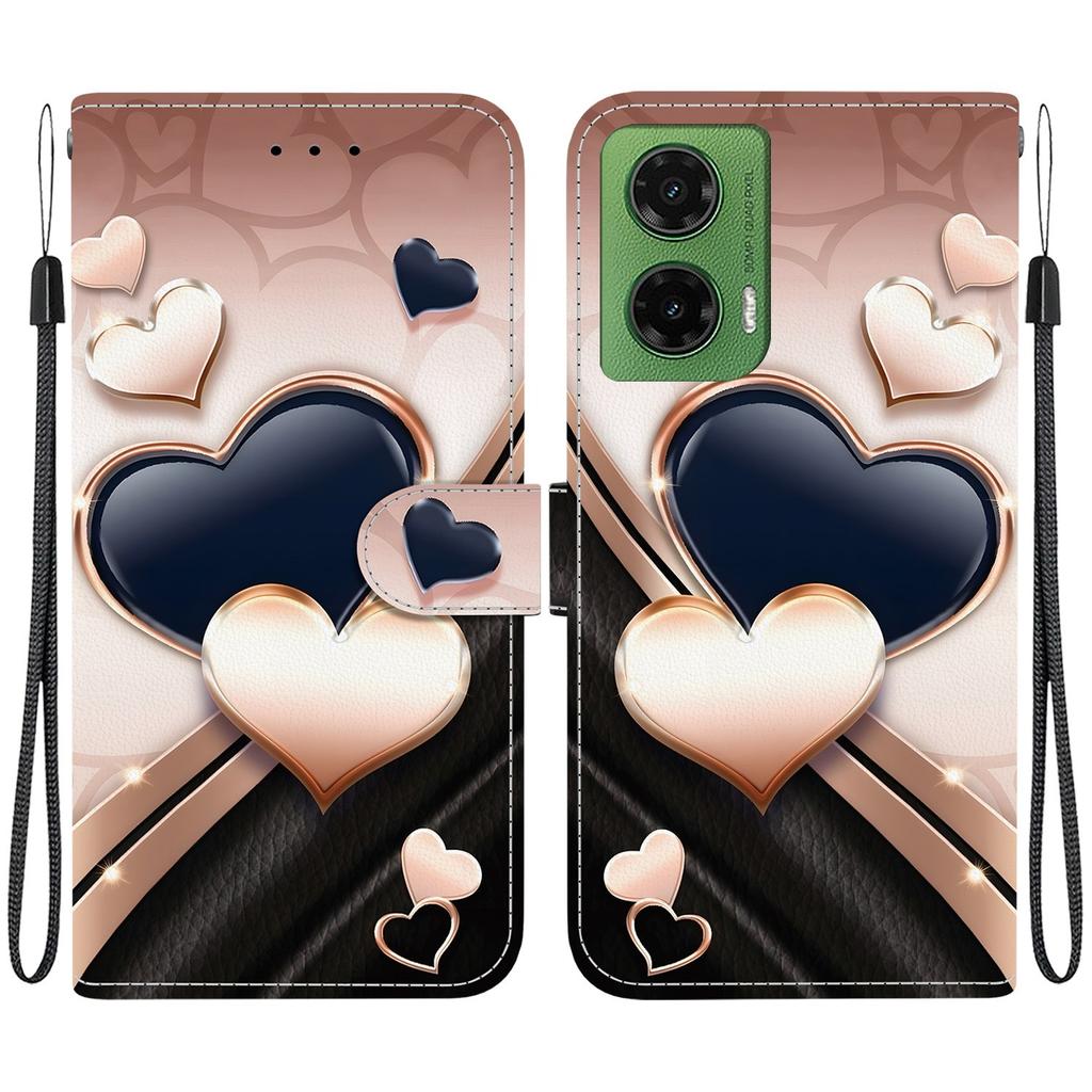 Handmade PU Leather Flip Case for Motorola Moto G35 Anti-Slip Shockproof Cover with Wrist Strap & Heart/Rose Cat Designs
