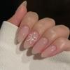 White Bow Rhinestone Pink Almond Wearable Nails - 24 Pieces Set
