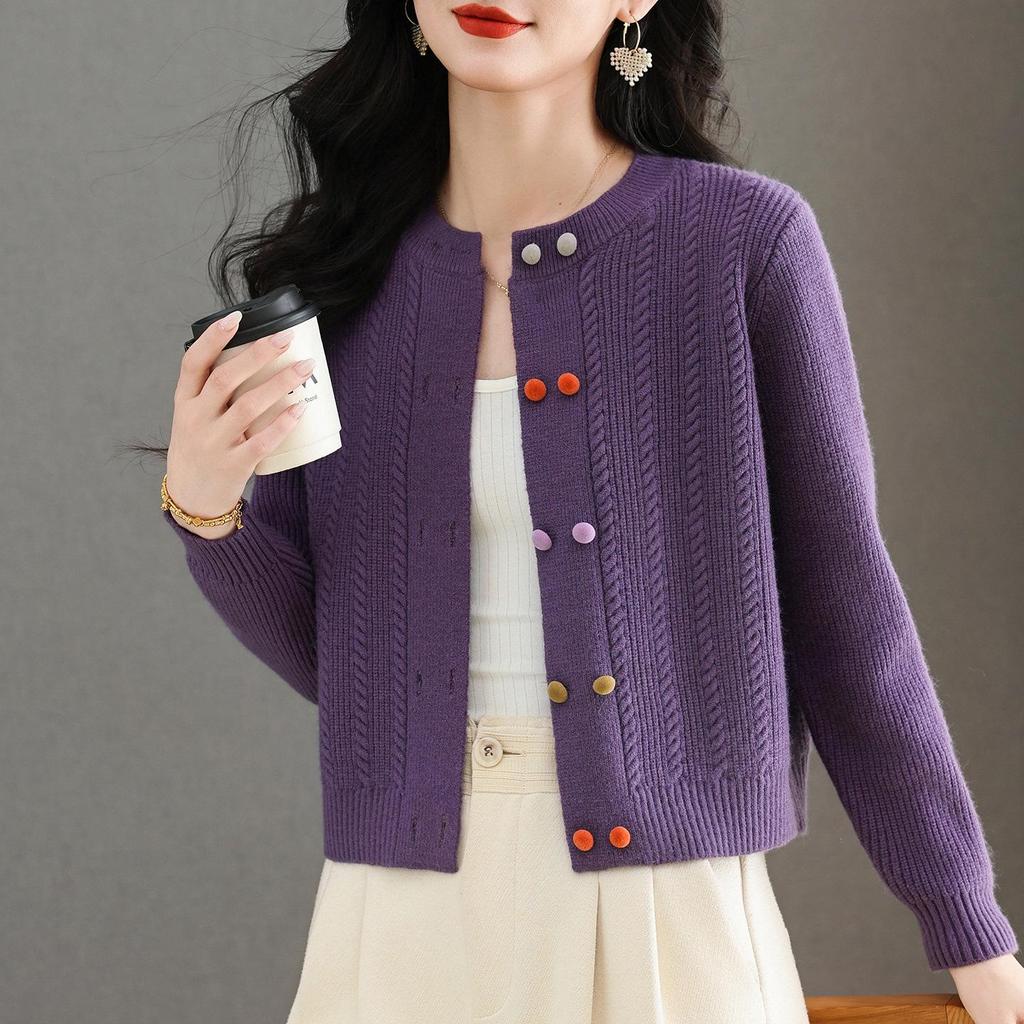 Women's Wool Knit Cardigan - Autumn 2025, Round Neck, Colorful Buttons, Short Sweater Coat