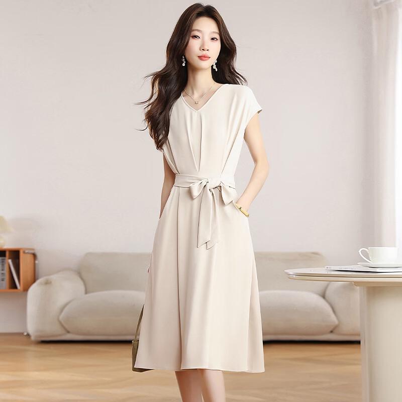La Chapelle Elegant V-Neck A-Line Midi Dress M
