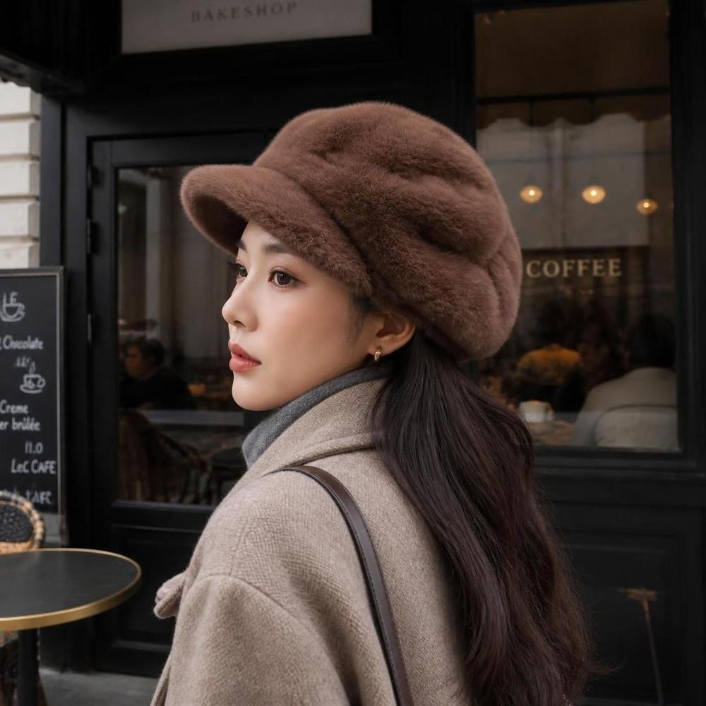 Thick Warm Imitation Mink Beret Solid Color Cloud Hat Cozy Peaked Cap  Winter