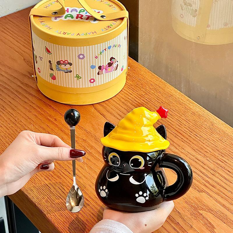 Magic hat cat ceramic mug with lid, high-value couple water cup, practical birthday gift for girl girlfriends