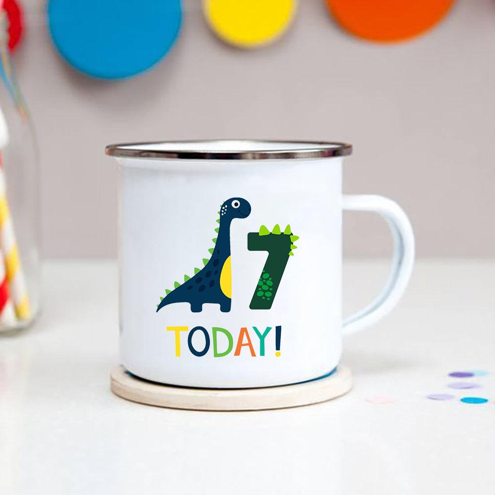 Number 1-9 Boys Dinosaur Enamel Mugs Creative Cartoon Animal Kids Dessert Juice Cola Cups Kindergarten Baby Child Birthday Gifts