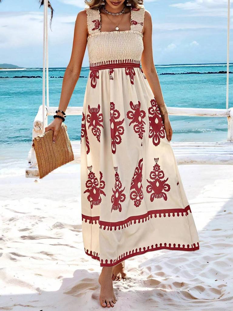 Women's Square Neck Sleeveless Maxi Dress Loose Fit High Waist Gentle Floral Print Summer Beach Vacation Flowy Boho Sundress