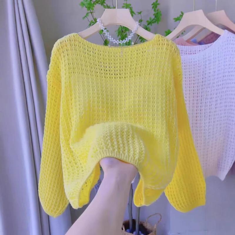 Spring and summer new hollow thin crew neck knitted sweater top loose lazy wind sunscreen blouse pullover woman