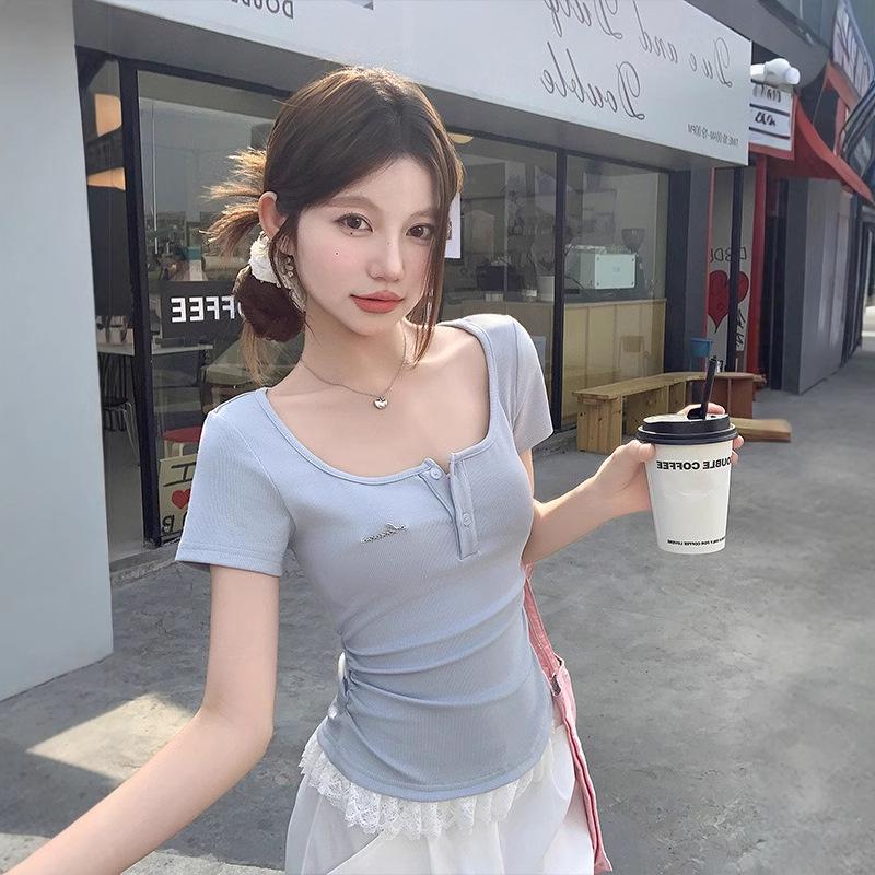 

Французская острая девушка Белое кружево С открытыми плечами Короткий рукав Приталенный силуэт Летний топ S Premium синий