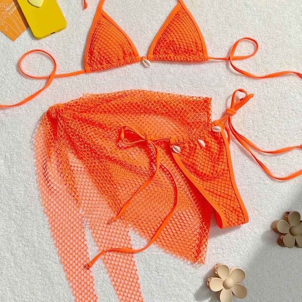 Women's Three Piece Bikini Swimsuit Set with Mesh Cover up CLE