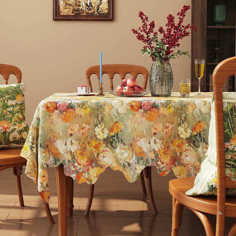 Vintage Romantic Oil Painting Style Tablecloth Waterproof Fabric Country Style Jacquard Cover For Dining Table Tea Table