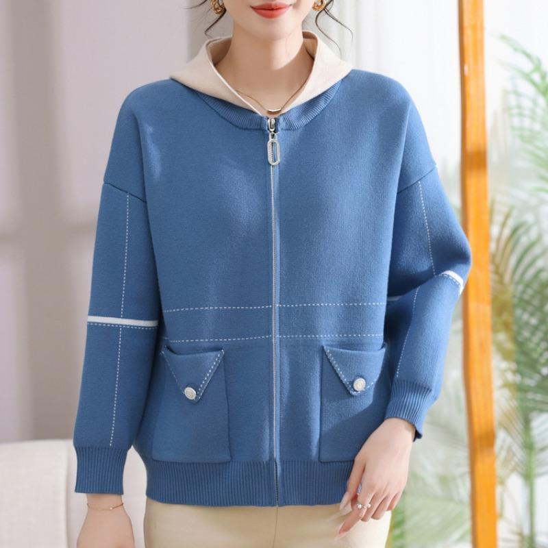 Autumn and Winter Mother's Hooded Jacket Age-reducing Loose Medium and Old Women's Knitted Sweater Women's Long Spring and Autumn Coat Top