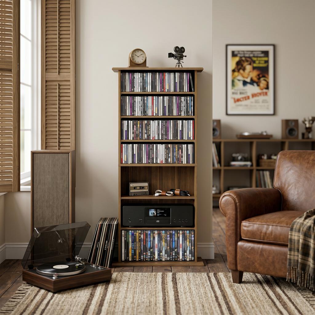 CD/DVD Storage Unit, 8 Compartments, 6 Adjustable Shelves, 360 CDs / 185 DVDs, Walnut