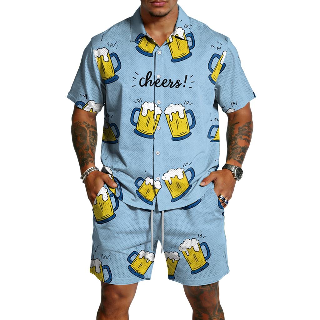 Men's Casual Short Sleeve Shirt and Shorts Set Beer Festival Print Lightweight Breathable Summer Outfit for Outdoor Activities