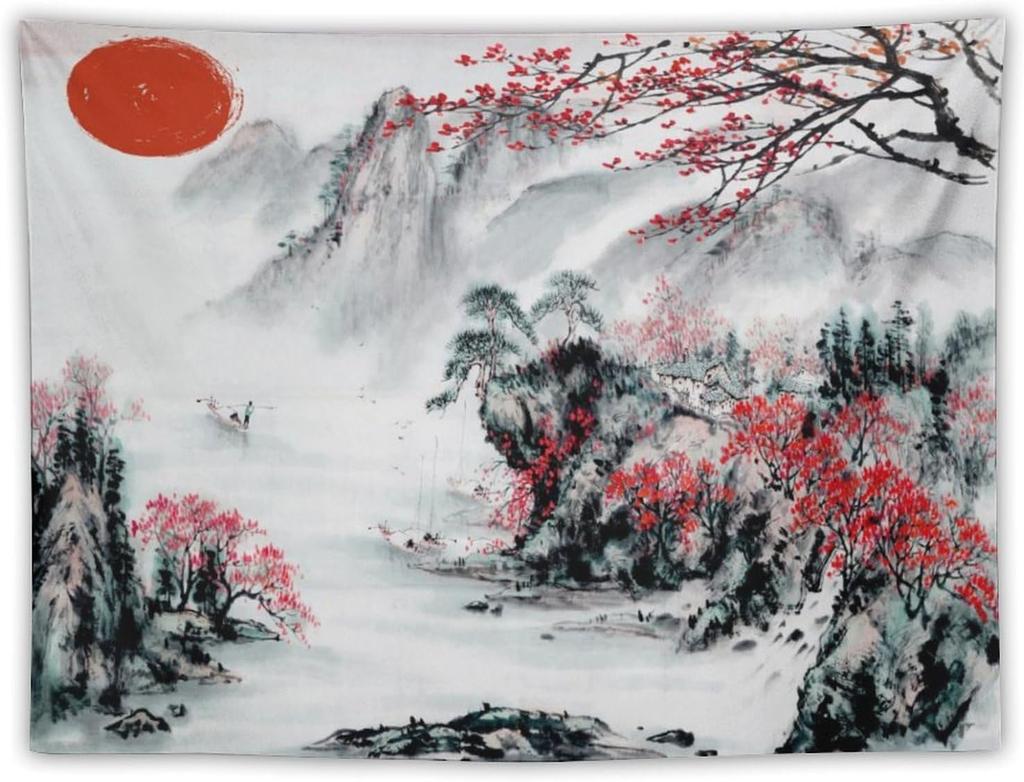 Japanese Red Geisha Tapestry Asian Cherry Blossom Traditional Kimono Folk Tapestries Home Decor Living Room Bedroom Apartment