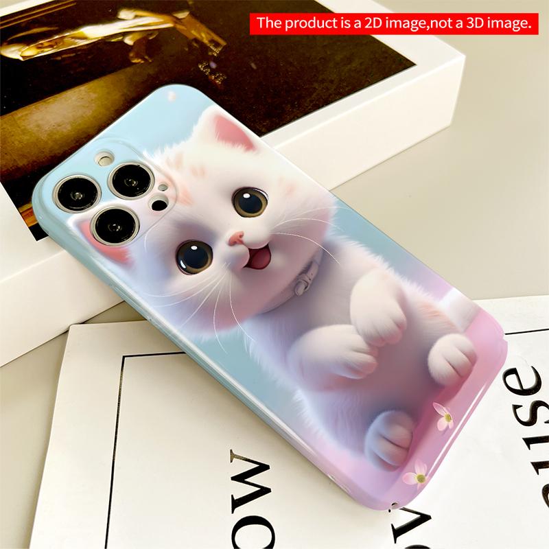2DFlat Cute White Kitten with Flower Petals All Inclusive Film Hard iPhone Case, Compatible with iPhone 18 Pro Max 17 16 15 14 13 12 11