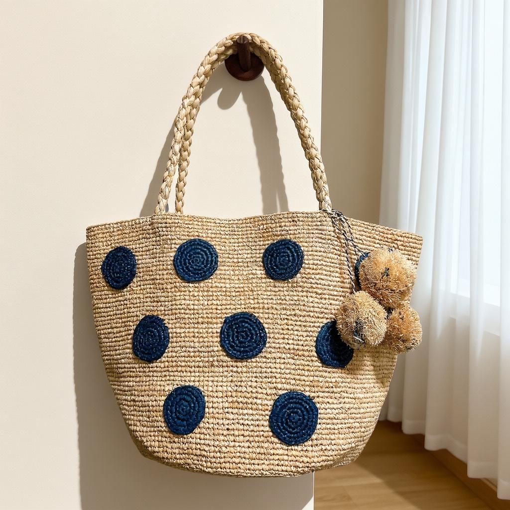 High Quality Raffia Hand Hook Holiday Style Handbag Women's Seaside Tote Bag Large Capacity Polka Dot Woven Shoulder Bag