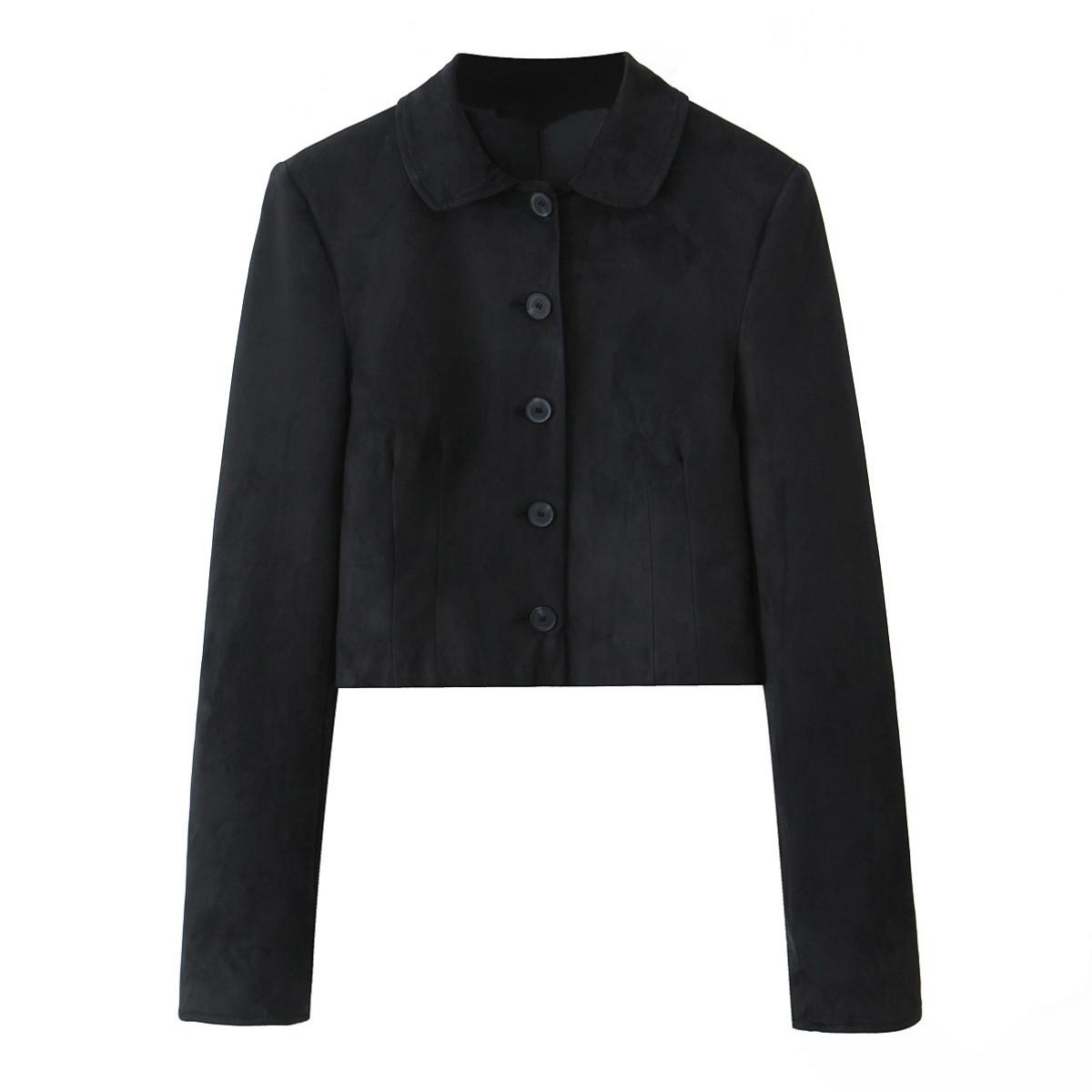 

Женское короткое пальто с замшевой текстурой, весна 2025: Универсальный, Повседневный и Стильный Large чёрный