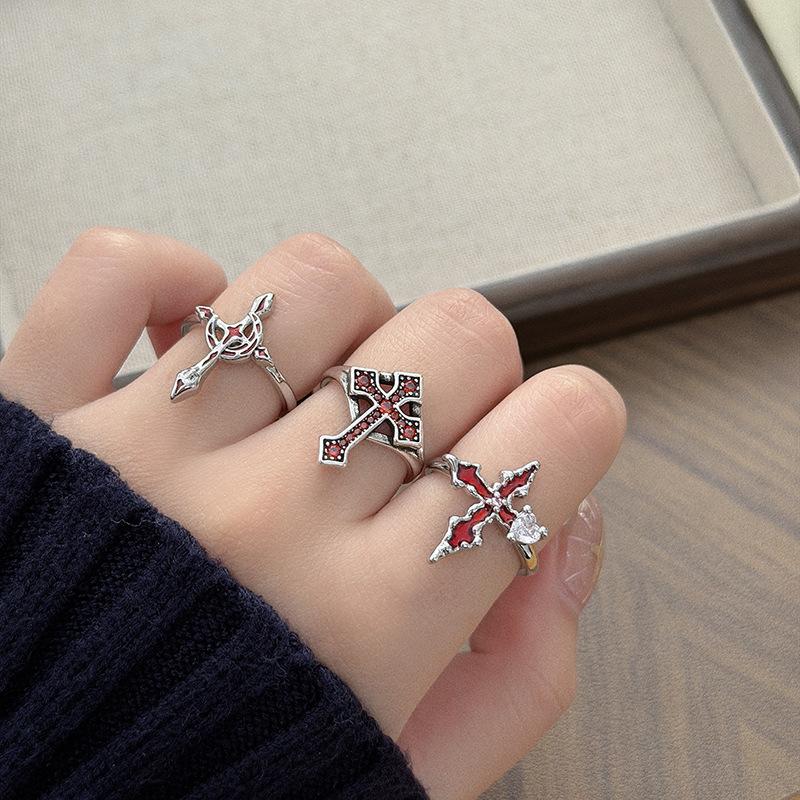 Gothic Spice Girl Red Enamel Zircon Cross Tide Opening Ring Sweet Cool Dark Premium Ring
