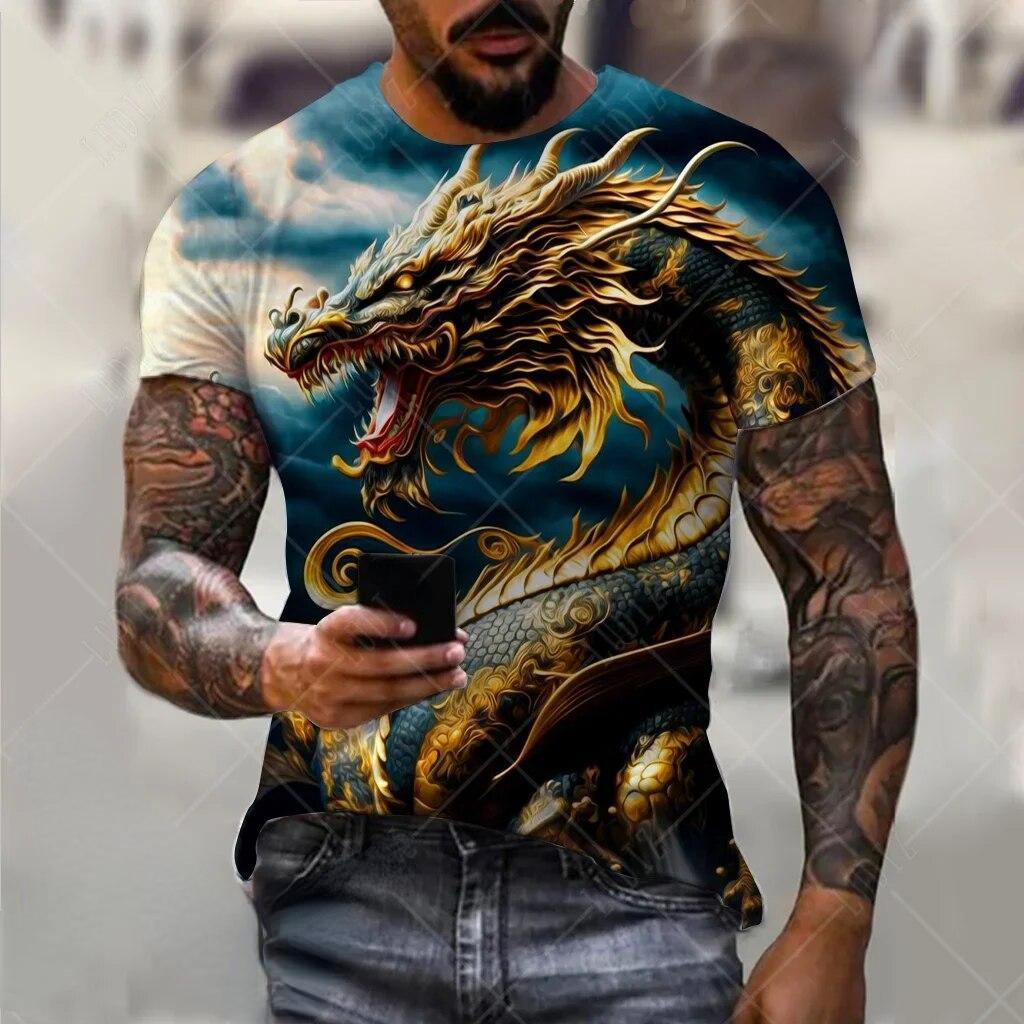 

Мужская футболка с драконом, модная футболка с 3D принтом, с животным узором, с короткими рукавами, уличная одежда большого размера, футболки, летние повседневные мужские топы L золотой/темно-синий