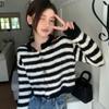 Knitted Cardigan Sweater Women Small O Neck Sweater Versatile 2023 Spring Long Sleeve Lazy Stripe Sweater Cardigan Female Top
