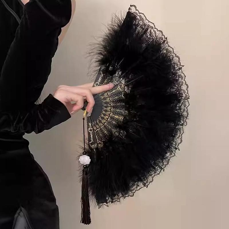 Feather Folding Fan Vintage Gothic Dance Hand Fan with Tassel Pendant Crafts Gift Chinese Hand Fan Wedding Party Photo Props